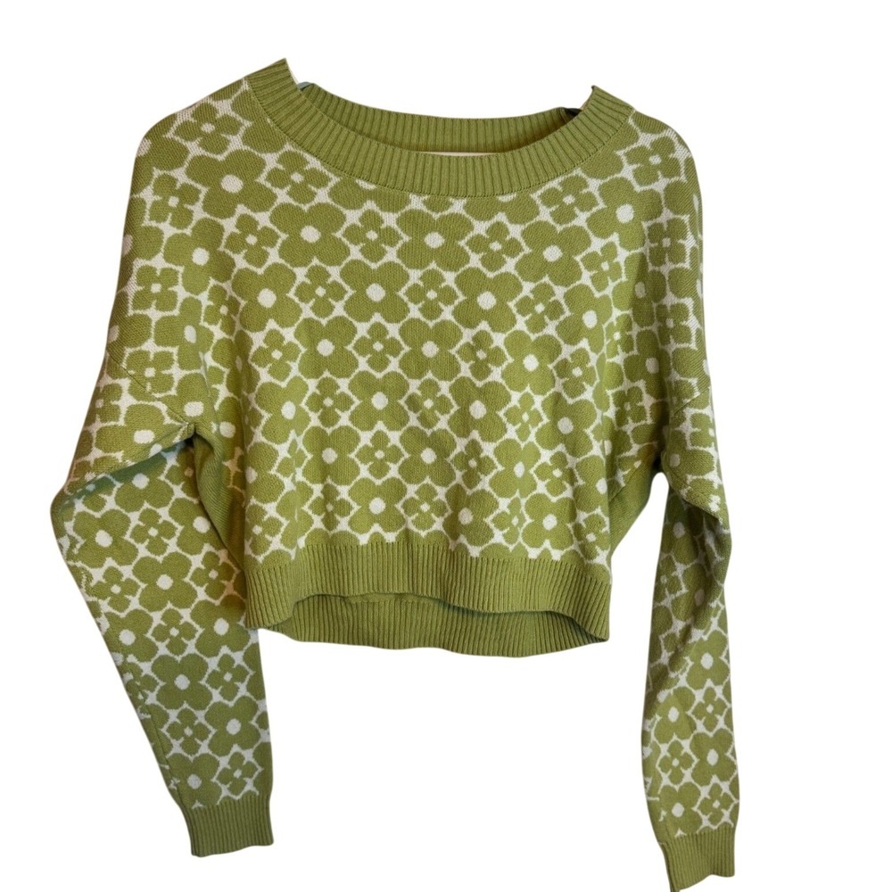 Hollister Sweater Cropped Floral Geometric S Green Womens Y2K Boho Knit Top